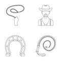 Hand lasso, cowboy, horseshoe, whip. Rodeo set collection icons in outline style vector symbol stock illustration web.