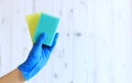 A hand in a latex glove holds two sponges for wet cleaning. Professional cleaning Royalty Free Stock Photo