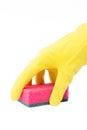 Hand in latex glove with scourer Royalty Free Stock Photo