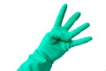 Hand in latex glove showing number four