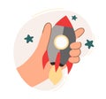 The hand launches a rocket. The concept of a business idea, startup, organization, brainstorming. Vector illustration