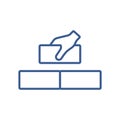 Hand laying bricks outline vector icon. Brickwork line illustration. Hand holding brick.