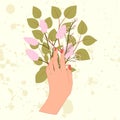 Hand with leaf branch, lilac flower and pink blossom in flat style.