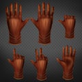 Hand in leather glove gestures set. Human palm.