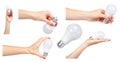 Hand with LED bulb, set and collection Royalty Free Stock Photo