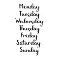 Hand Lettered Days of the Week. Calligraphy words Monday, Tuesday, Wednesday, Thursday, Friday, Saturday, Sunday Royalty Free Stock Photo