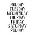 Hand Lettered Days of the Week. Calligraphy words Monday, Tuesday, Wednesday, Thursday, Friday, Saturday, Sunday Royalty Free Stock Photo