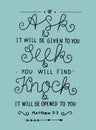 Hand lettering Ask. Seek. Knock.