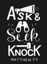 Hand lettering with bible verse Ask. Seek. Knock on black background.
