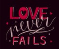 Hand lettering with bible verse and hearts Love never fails . Royalty Free Stock Photo