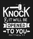 Hand lettering with bible verse Knock and it will be opened to you on black background. Royalty Free Stock Photo