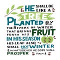 Hand lettering with Bible verse He shall be like a tree Psalm 1 Royalty Free Stock Photo