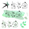 Hand lettering BIO, decorative green leaves. Drawn letters. Spots, dotted strokes. Vector illustration in outline style, on green