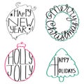 Hand lettering celebration phrases. Merry Christmas. Happy new year. Happy holidays. Holly jolly. Vector logo, emblems, text Royalty Free Stock Photo