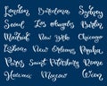 Hand lettering city names. London, Seoul, Madrid, Lisboa, Paris, Hawaii, Barcelona, Los Angeles, New York, New Orleans, St.