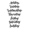 Hand Lettering Days of Week Sunday, Monday, Tuesday, Wednesday, Thursday, Friday, Saturday . Modern Calligraphy Isolated