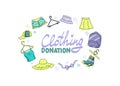 Hand lettering. Donate clothes flat vector poster template. Banner for used clothing store. Homeless people in