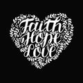 Hand lettering with bible verse Faith, hope and love in shape of heart on black background.