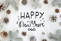 Hand lettering greeting card Happy new year on white Background. Christmas Greeting Card. Christmas Decoration Tree Royalty Free Stock Photo