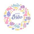 Hand lettering Happy Easter card. Vintage wreath with bunnies, flowers, hearts and butterflies. Royalty Free Stock Photo