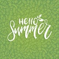 Hand lettering inspirational poster Hello Summer. Calligraphy on green floral background. Vector fun quote illustration Royalty Free Stock Photo