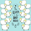 Hand lettering and bible verse The Lord is my shepherd with sheeps on blue background. Royalty Free Stock Photo