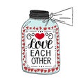 Hand lettering Love each other, made on pot with hearts.