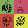 Hand lettering made inside fruits Apple, Lemon, Strawberry, cherry