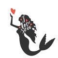 Hand lettering phrase I love sea inside mermaid silhouette