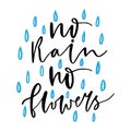 Hand lettering poster. No rain no flowers. Motivational calligraphic quote. Creative postcard design