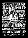 Hand lettering quote House Rules with words Live, laugh, love on black background Royalty Free Stock Photo