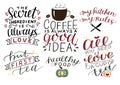 6 hand-lettering quotes about food All you need is love and cup of tea. Coffee is always good idea. My kitchen, rules Royalty Free Stock Photo