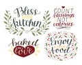 4 hand-lettering quotes about food Bless this kitchen. Baked with love. Enjoy your food. Count blessings, not calories