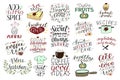 19 hand-lettering quotes about food, coffee, tea, kitchen Royalty Free Stock Photo