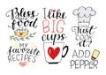 5 hand-lettering quotes about food My favorite recipes. I like big cups. Just cook it. Add pepper