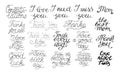 19 hand-lettering quotes I love you, Happy birthday, Thank you, The best mom, Congratulations. Royalty Free Stock Photo