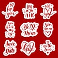 Hand lettering red patches and stickers - creative set incuding inscriptions: Love, for you, be mine, save the date, with love,