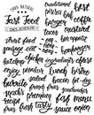 Hand lettering set of words for fast food with logotype. Vector