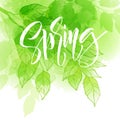 Hand lettering spring design on a green and yellow watercolor painted background with leaf. Calligraphy letters. Vector