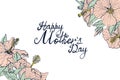 Hand lettering text Happy Mother's day decorated with line art vintage hibiscus flowers, horizontal floral greeting card