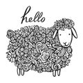 Hand lettering word hello And a lovely spring Openwork lamb in flowers. card with cute lettering. Vector isolated