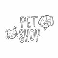 Hand lettering of the word Pet Shop isolated on white background. Simple vector illstration in doodle cartoon style