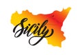 Hand lettering of word Sicily on background of shape of island Sicily with vulcano Etna