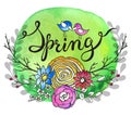 Hand lettering word Spring with floral wreath and two birds