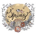 Hand lettering word Spring with floral wreath and two birds Royalty Free Stock Photo