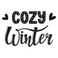 Hand lettering, words-Cozy winter. The letters and decor are hand-drawn. Typographic Black-and-white illustration with words Royalty Free Stock Photo