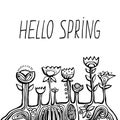 Hand lettering words hello spring And ethnic flowers. card with cute lettering. Vector isolated illustration. Royalty Free Stock Photo
