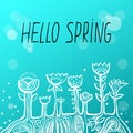 Hand lettering words hello spring And ethnic flowers. card with cute lettering. Vector isolated illustration. Royalty Free Stock Photo