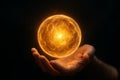 Hand levitating glowing orb of powerful magic. Wizard or sorcerer casting a spell with a fiery sphere of magic. Perfect for Royalty Free Stock Photo