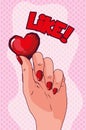 Hand lifting heart pop art style Royalty Free Stock Photo